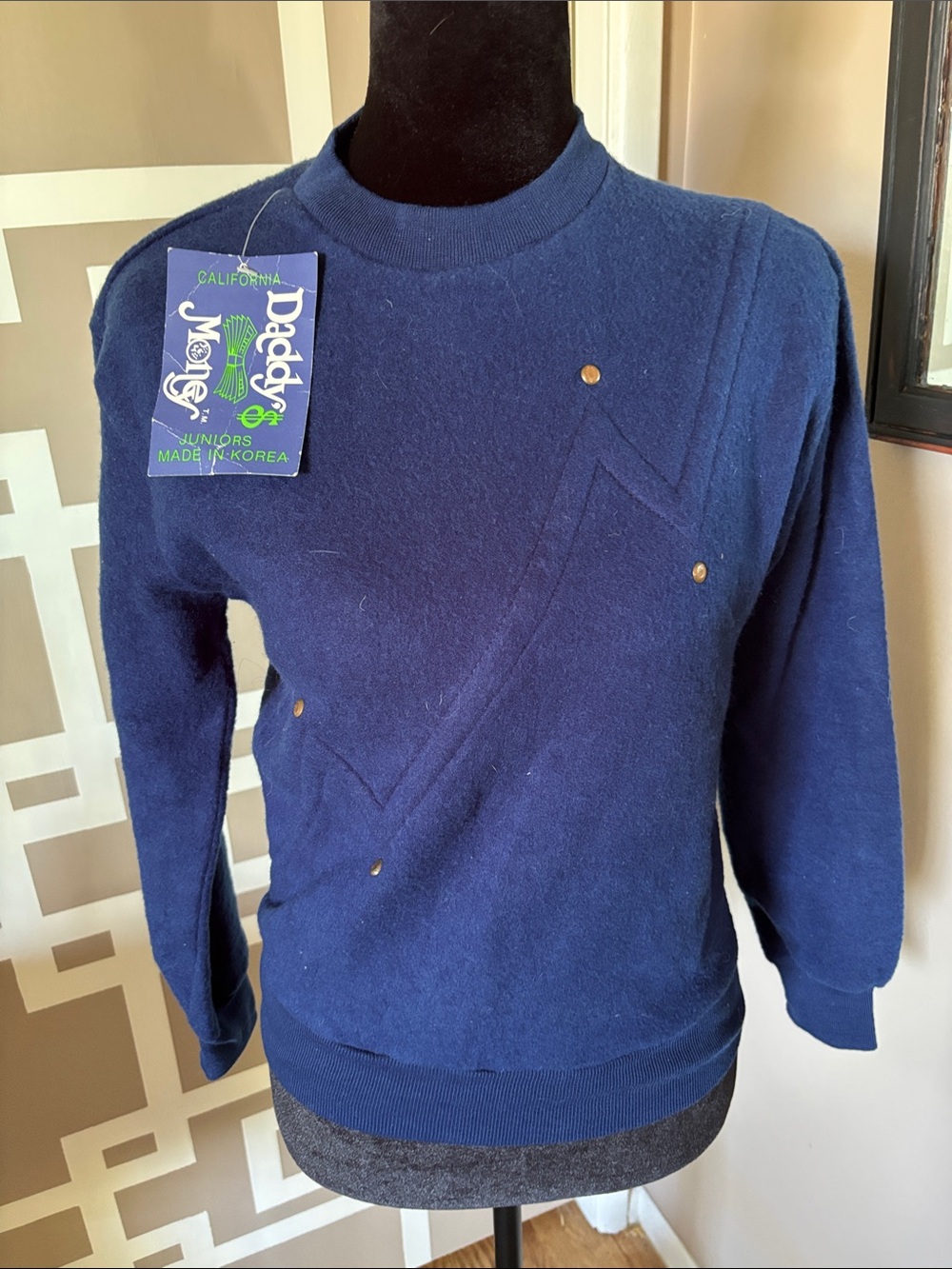 Vintage NEW OLD STOCK W/TAGS Daddy Money Blue Crew Sweater w/Gold Details